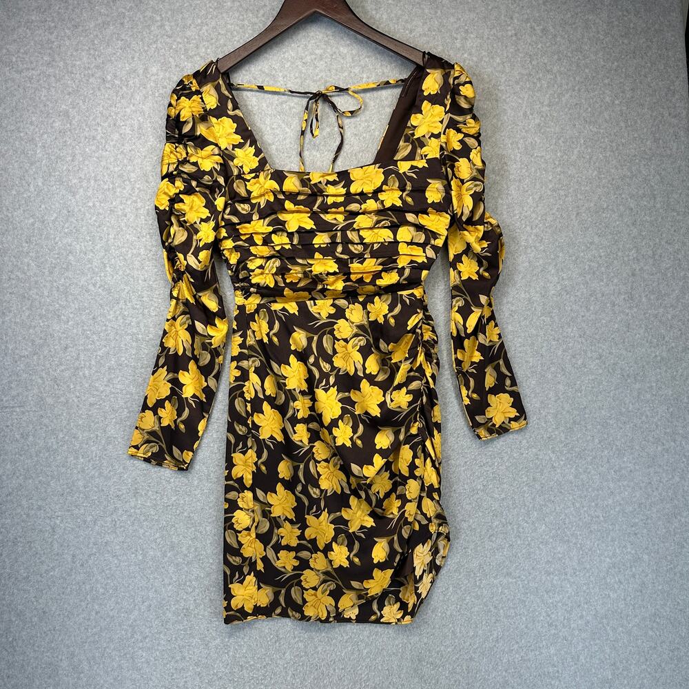 Womens Mini Dress Size XS Brown Yellow Floral Square Neck Tie Back Puff Sleeve